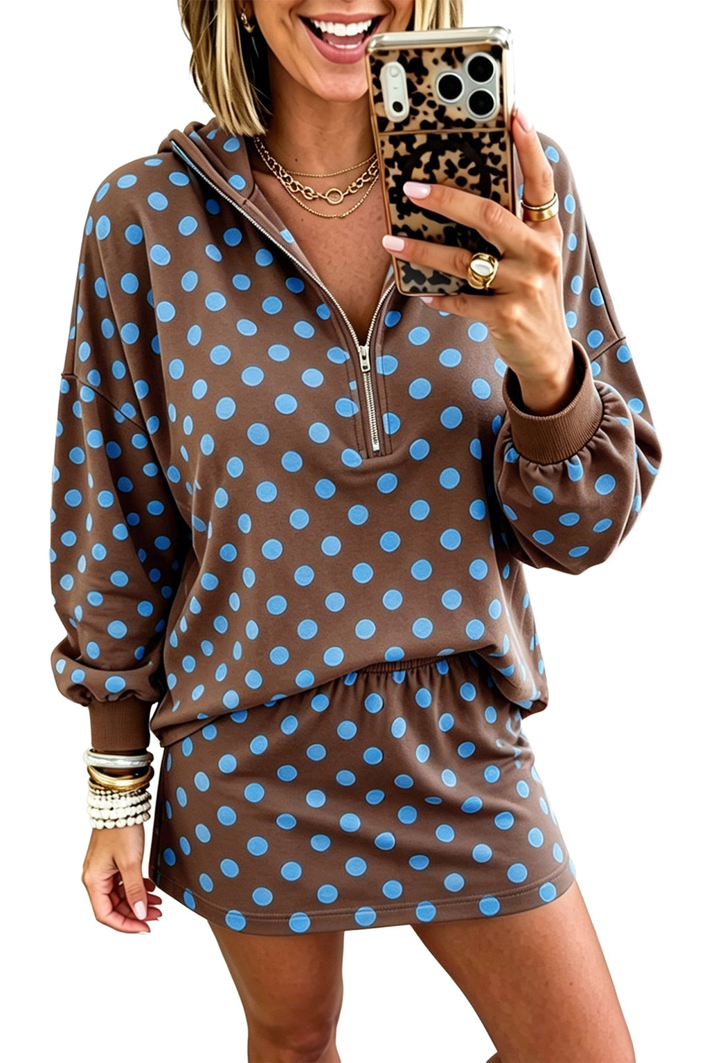 Pink Polka Dot Hooded Long Sleeve Top Casual Mini Skort Set