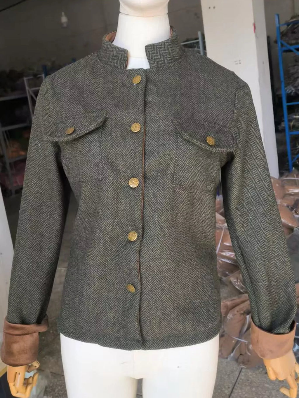 Full Size Vintage Herringbone Tweed Blazer with Velvet Cuffs Plus Size