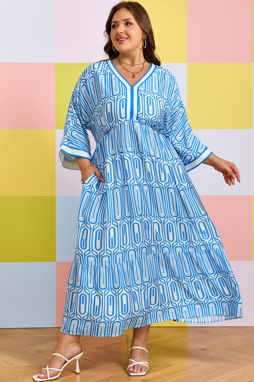 Sky Blue Plus Size Geometric Print Contrast Trim V Neck Bracelet Sleeve Long Dress