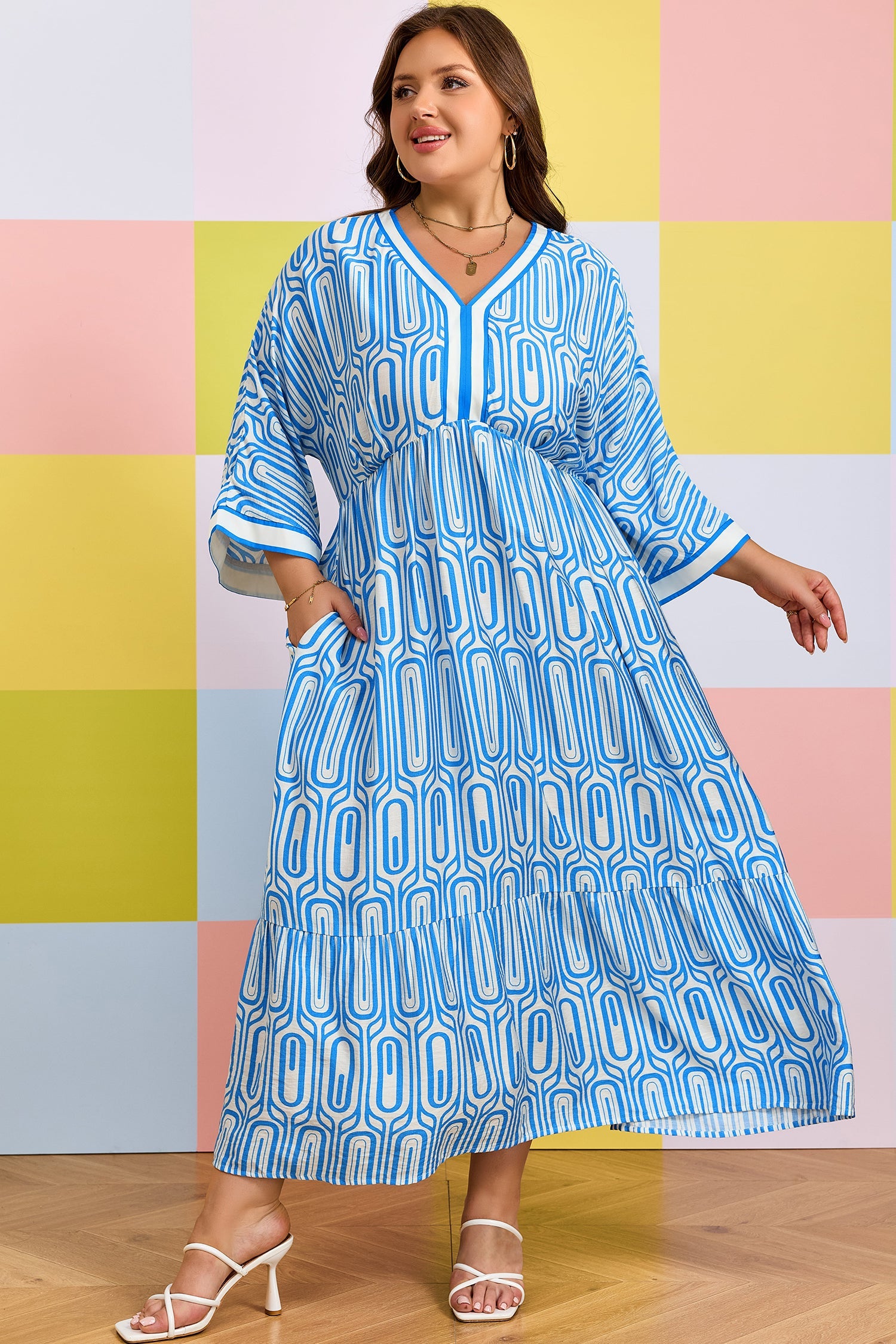 Sky Blue Plus Size Geometric Print Contrast Trim V Neck Bracelet Sleeve Long Dress