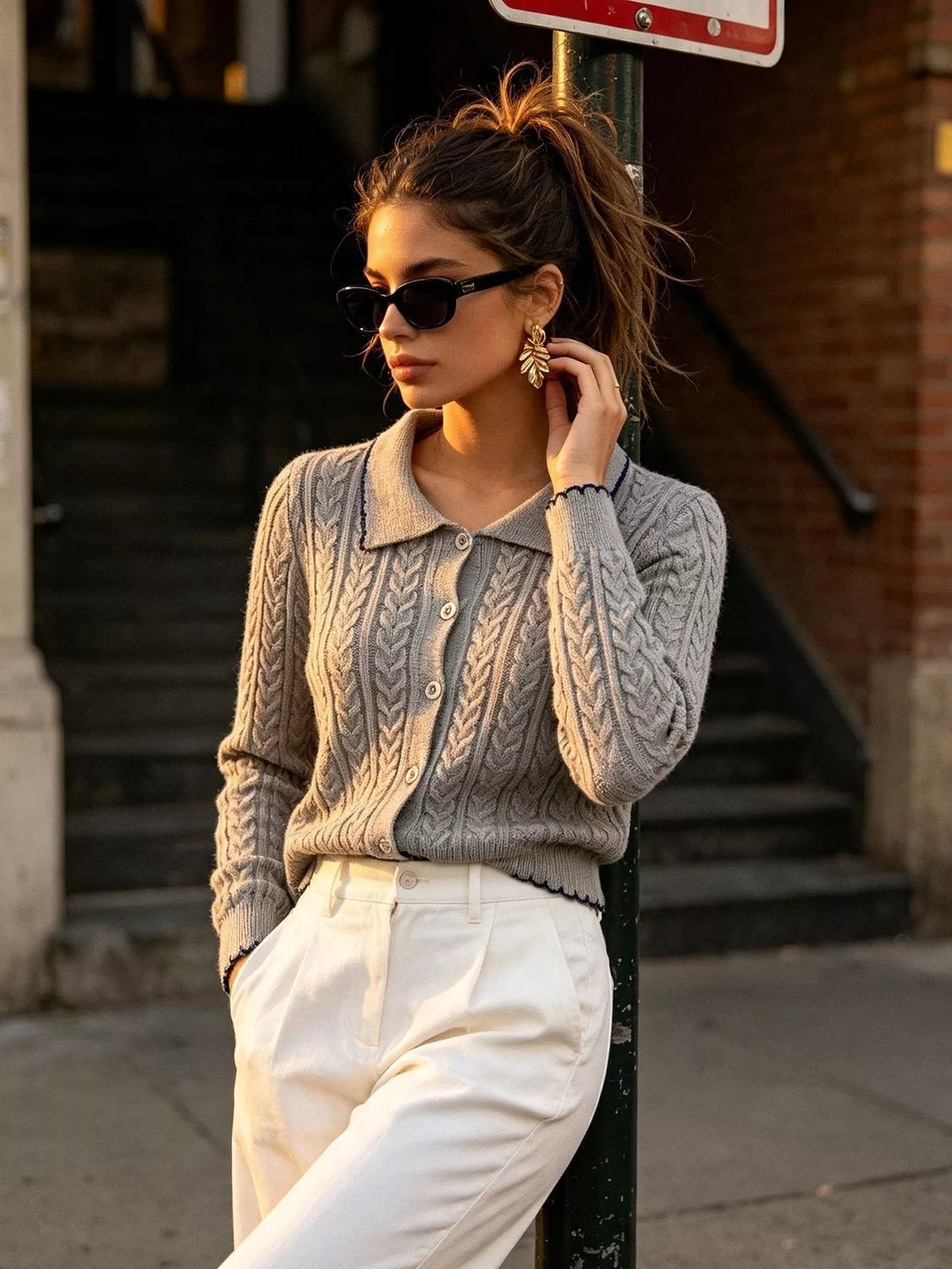 Cable Knit Polo Collar Button-Up Cardigan