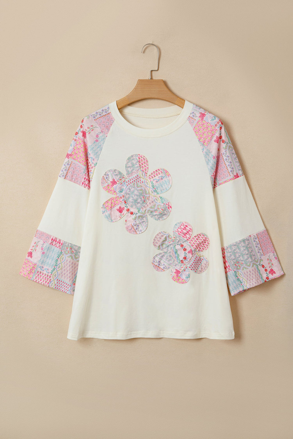 Beige Color Block Retro Floral Patchwork Long Sleeve Top