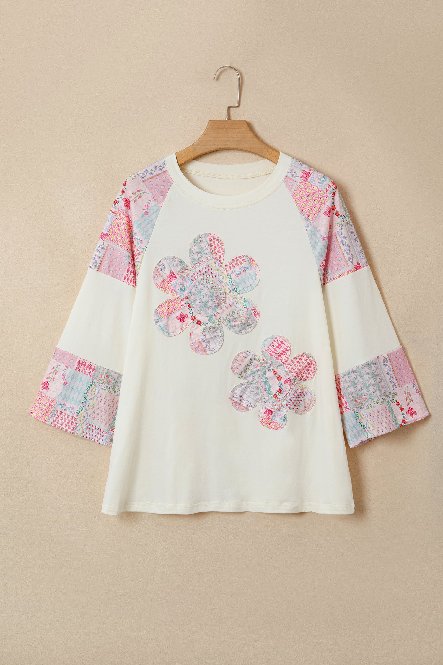 Beige Color Block Retro Floral Patchwork Long Sleeve Top