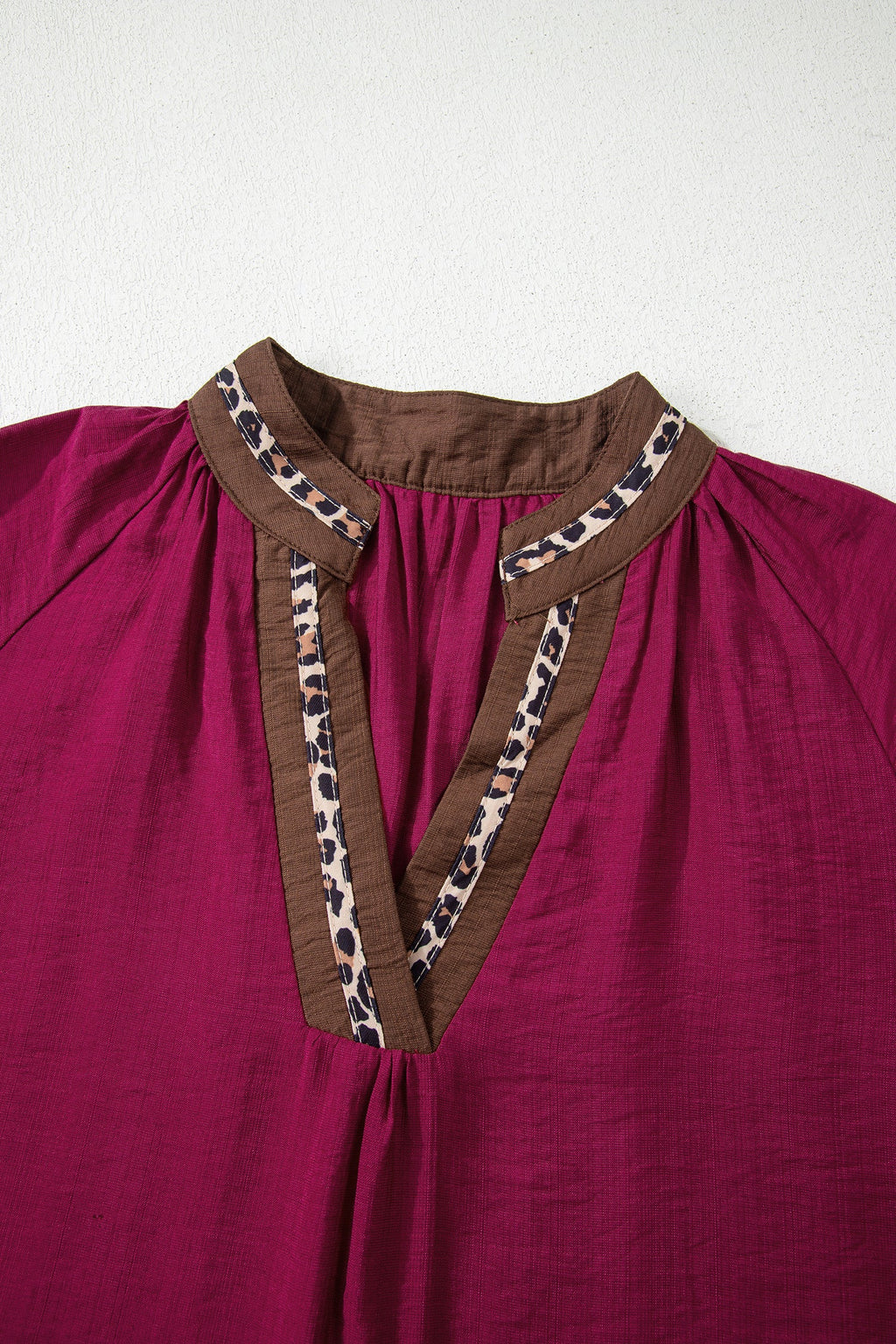 Leopard Trim Flounced  3/4 Sleeve V-Neck Blouse