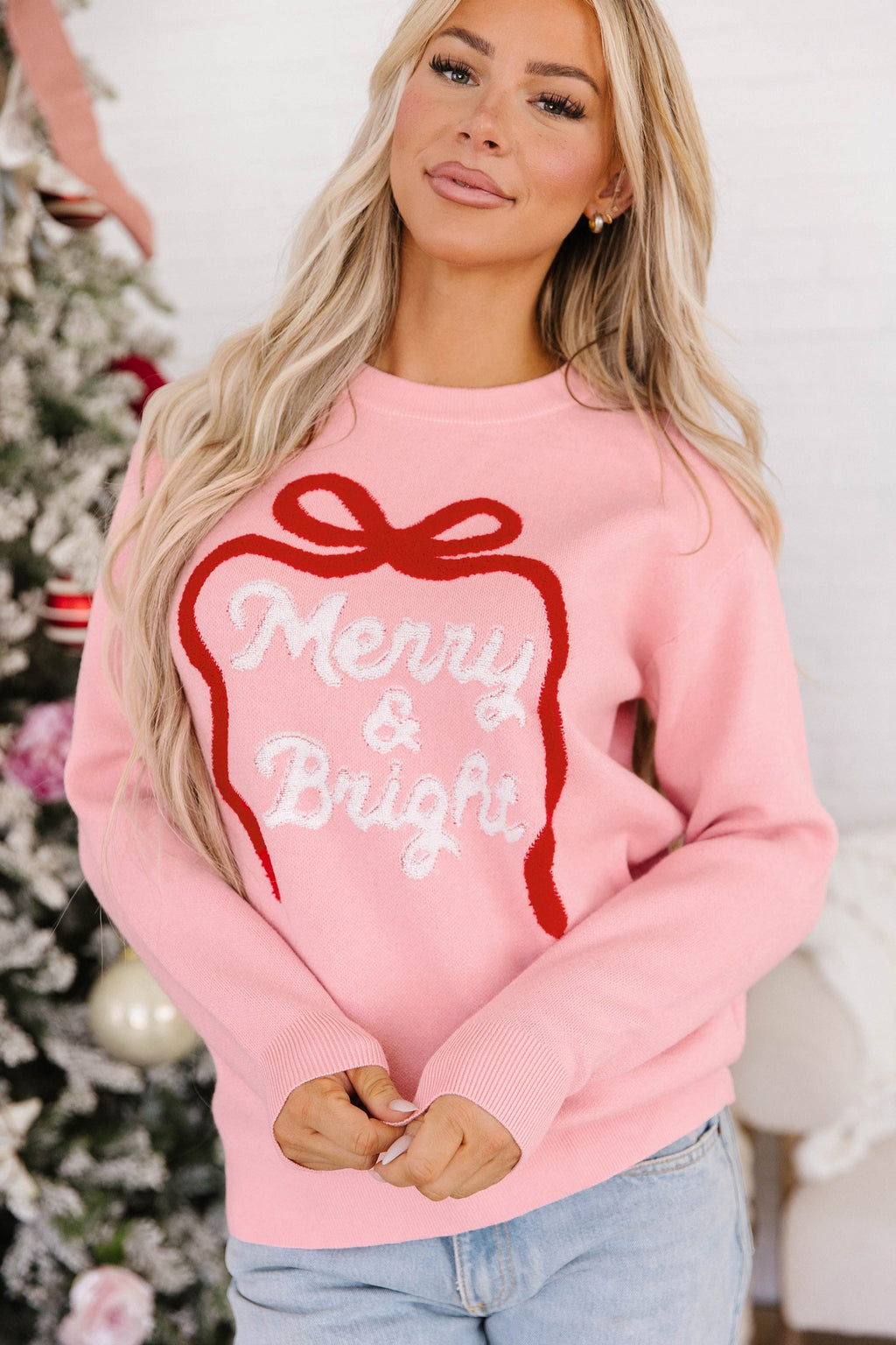 Gossamer Pink Drop Shoulder Round Neck Towel Embroidery Slogan Pullover Sweater