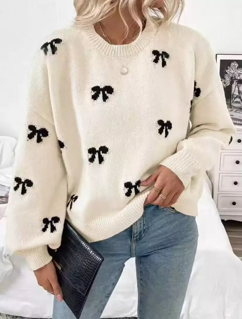 Bow Round Neck Dropped Shoulder Sweater