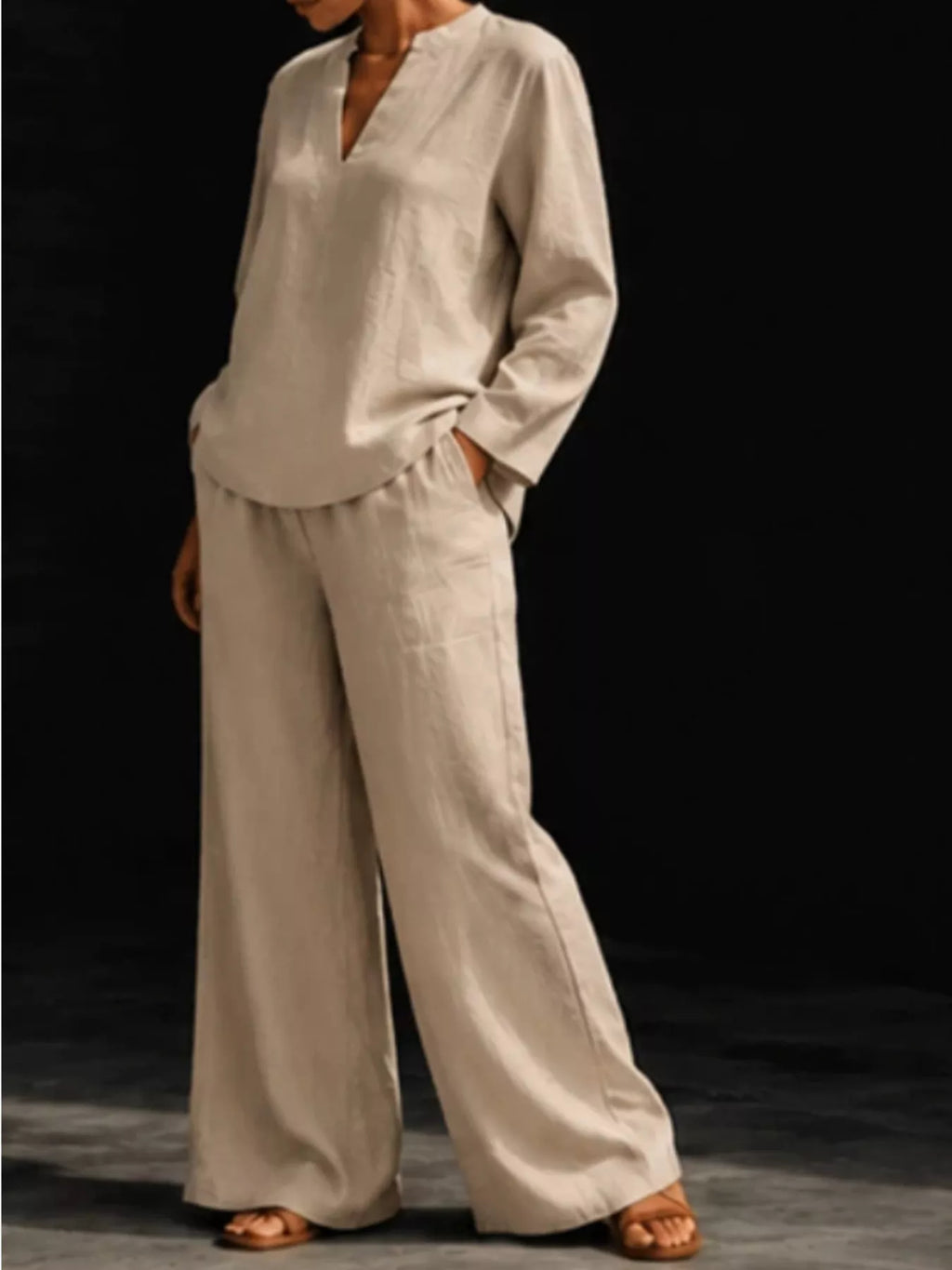 Notched Long Sleeve Top and Pants Set