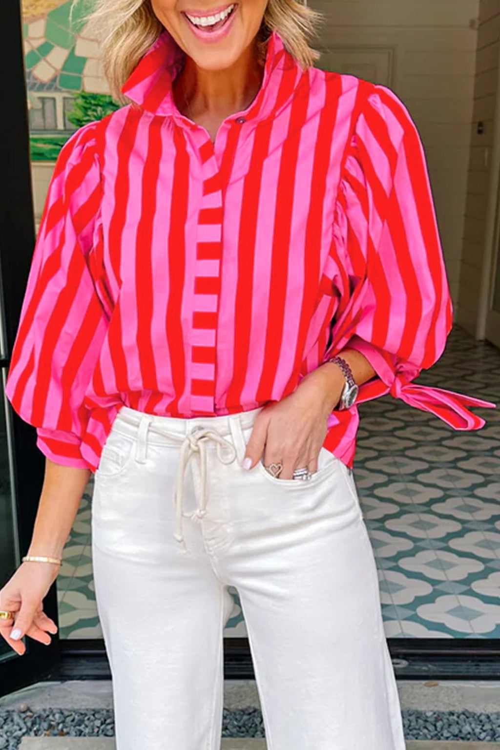 Red Stripe Tie Puff Sleeve Womens Button Down Shirt