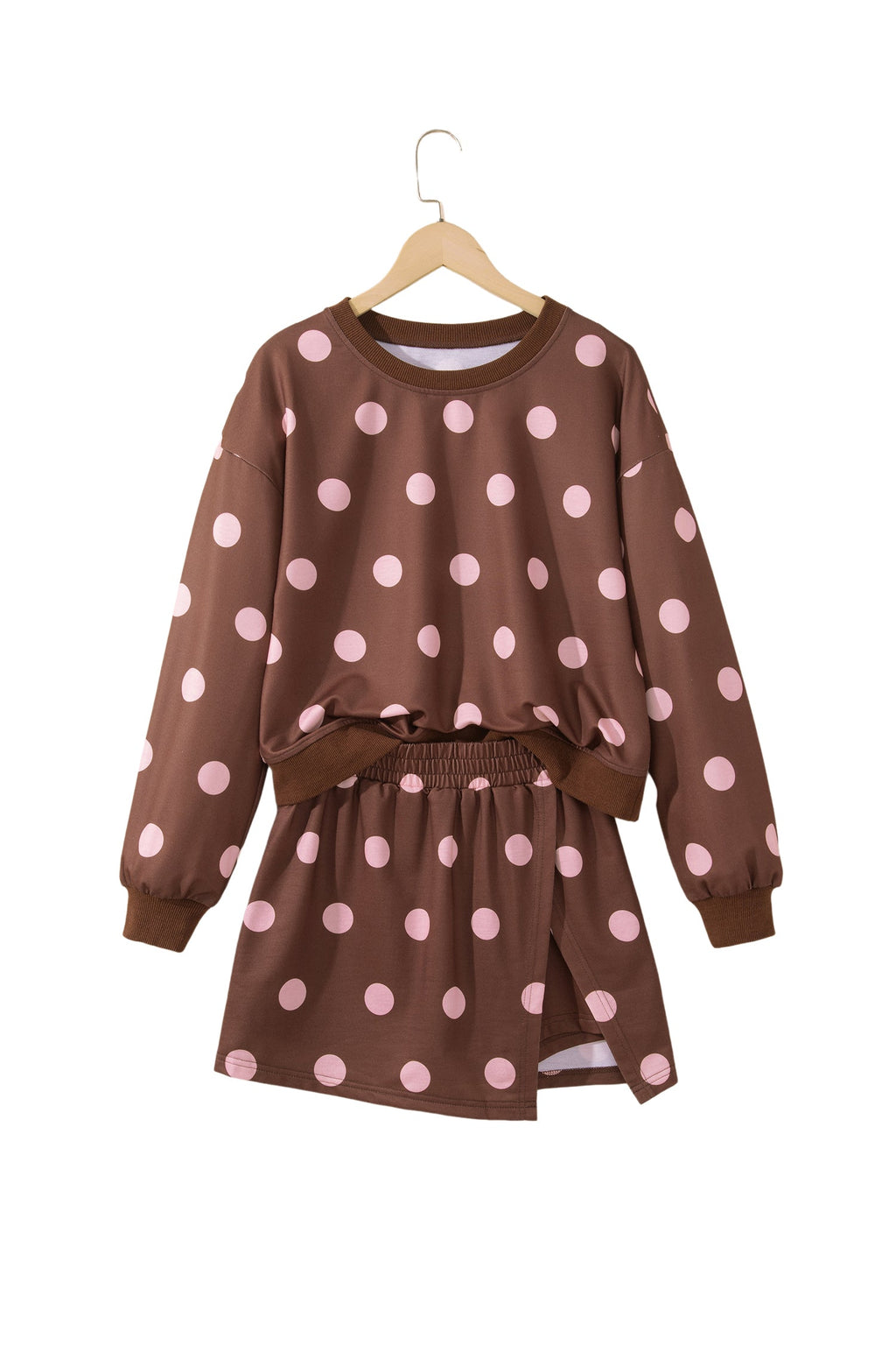 Pink Polka Dot Two Piece Set Long Sleeve Casual Skirt Set