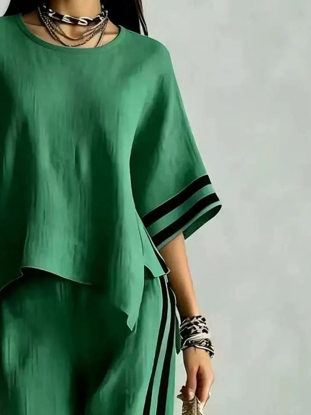 Full Size Striped 3/4 Sleeve Top and Pants Set Plus Size