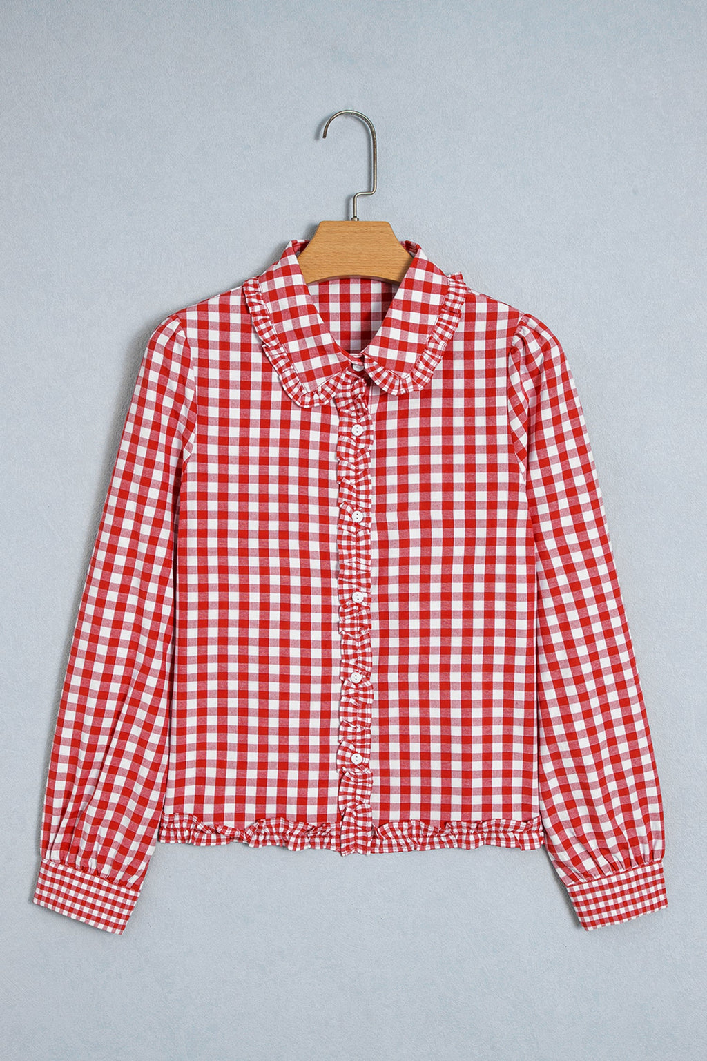 Red Plaid Long Sleeve Button Down Frill Detail Casual Shirt