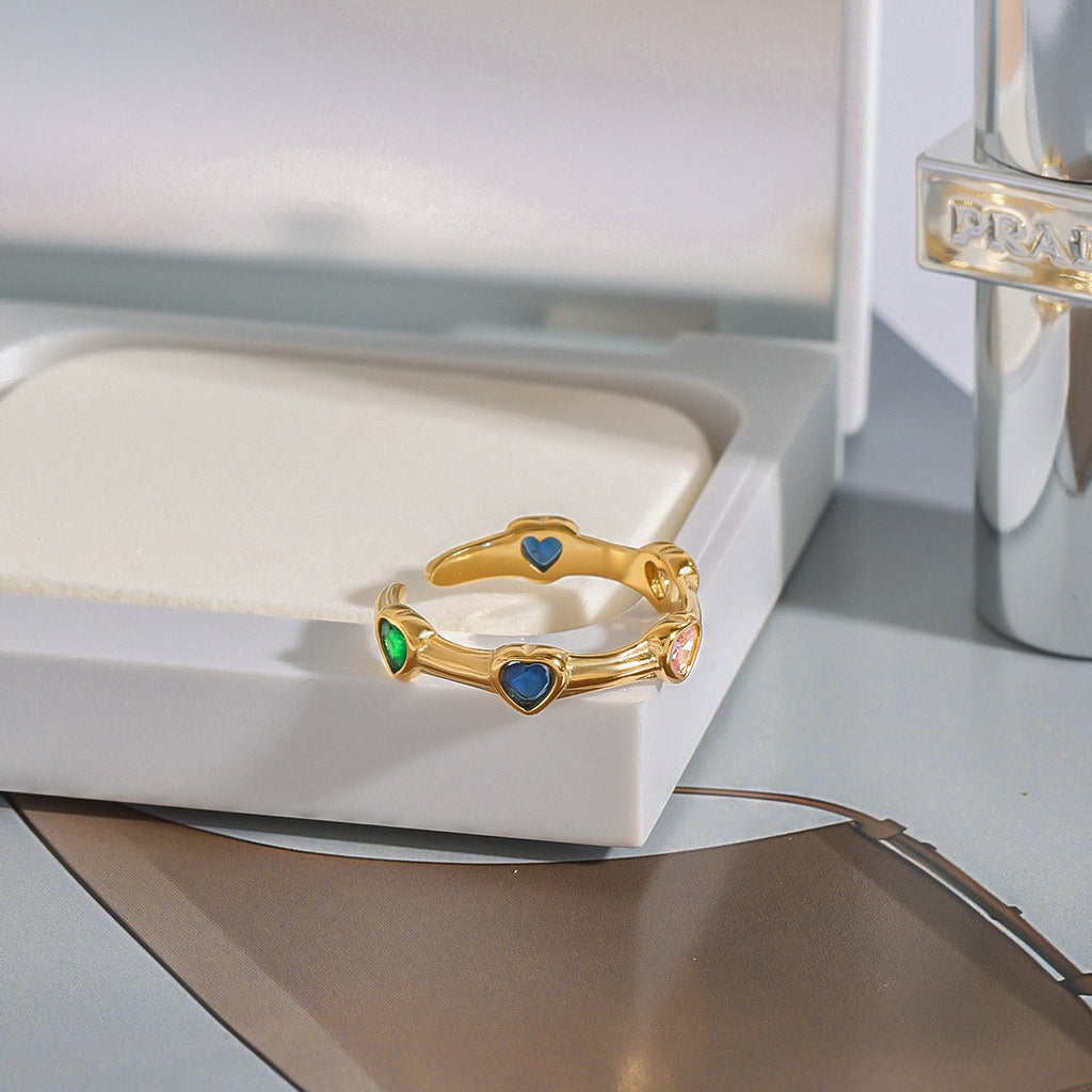 18K gold inlaid heart-shaped gemstone exquisite design open ring