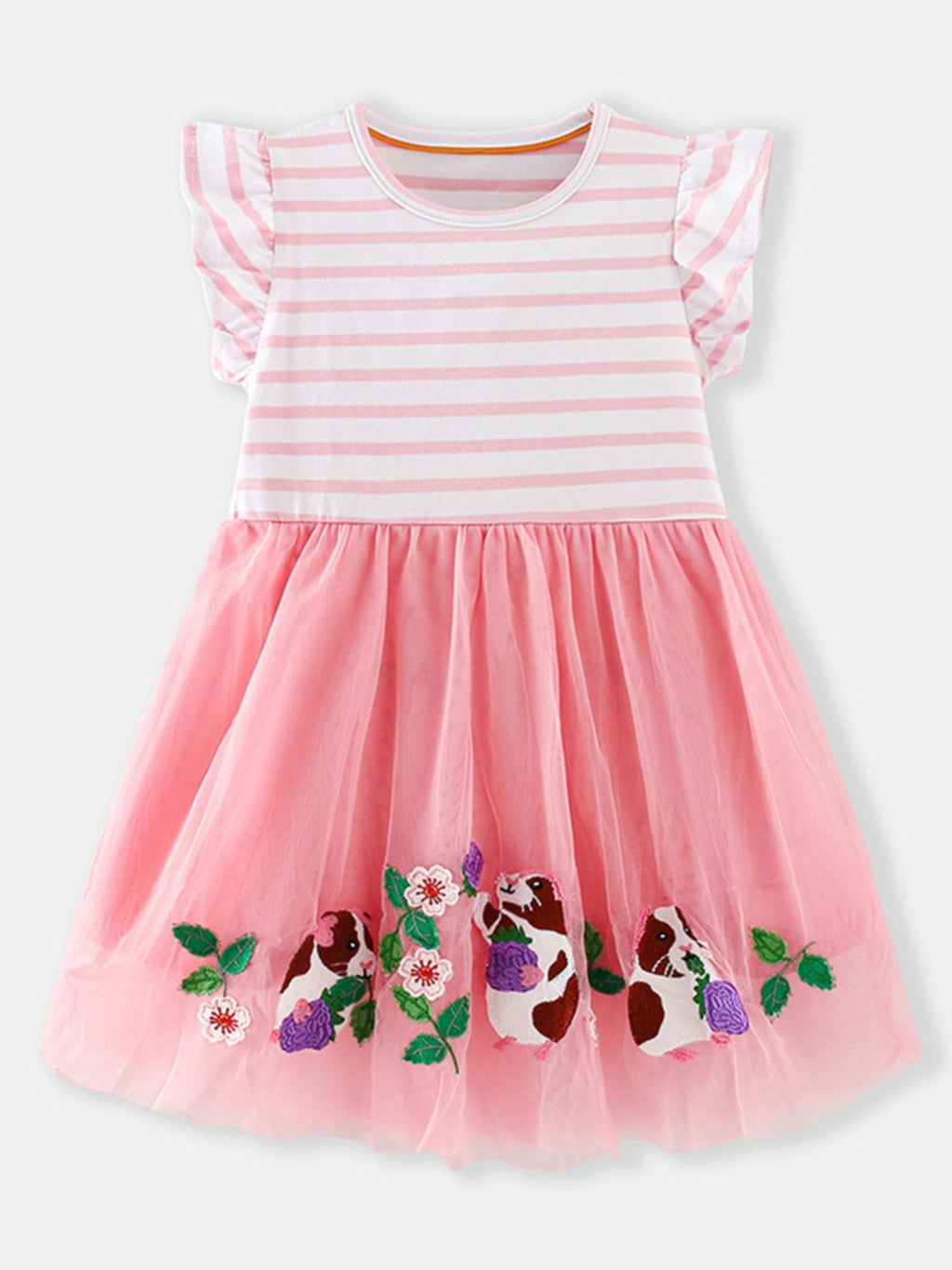 Children's Striped Top Tulle Guinea Pig Embroidered Dress