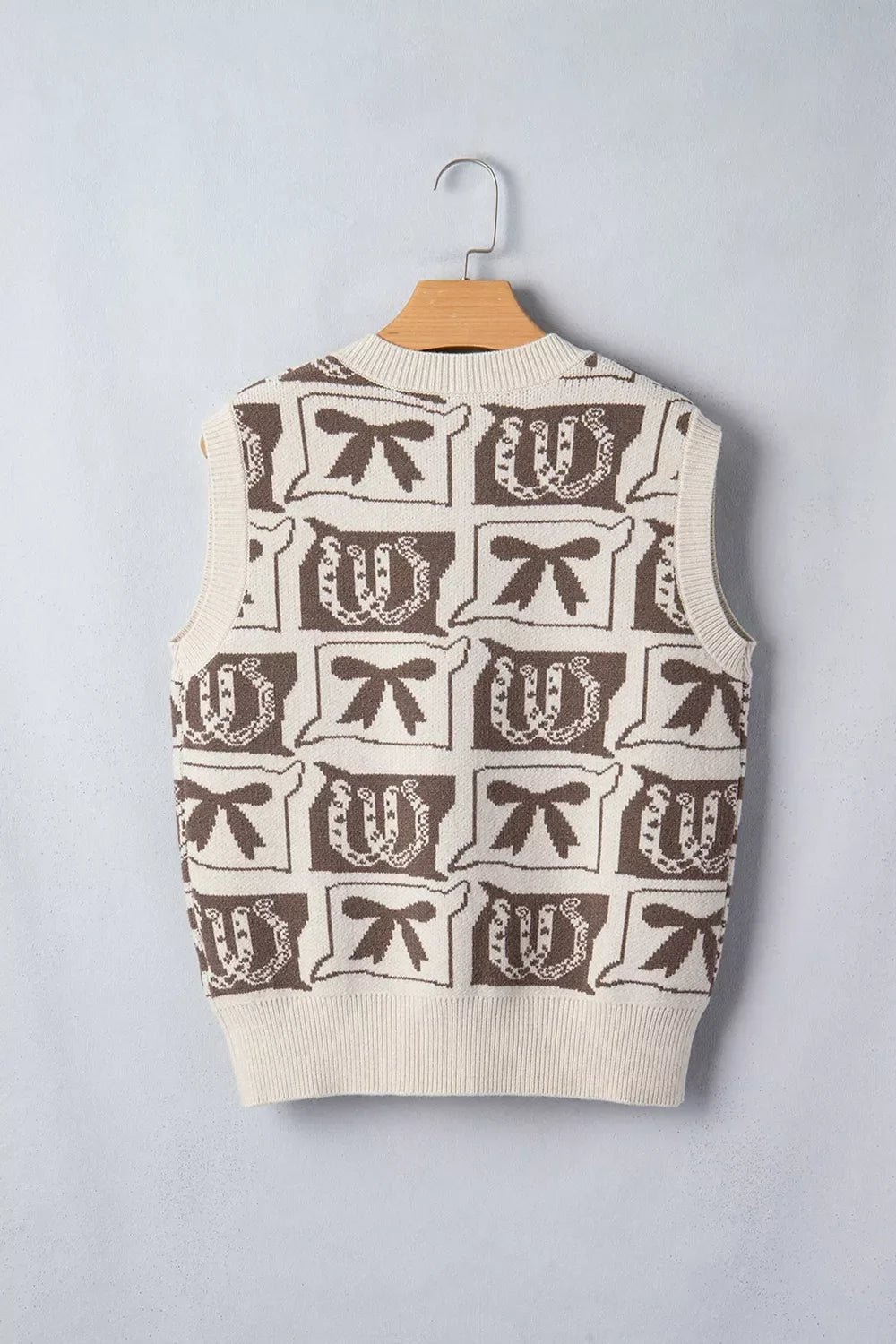 Western Horseshoe Bow Pattern Button Front Sleeveless Knit Sweater