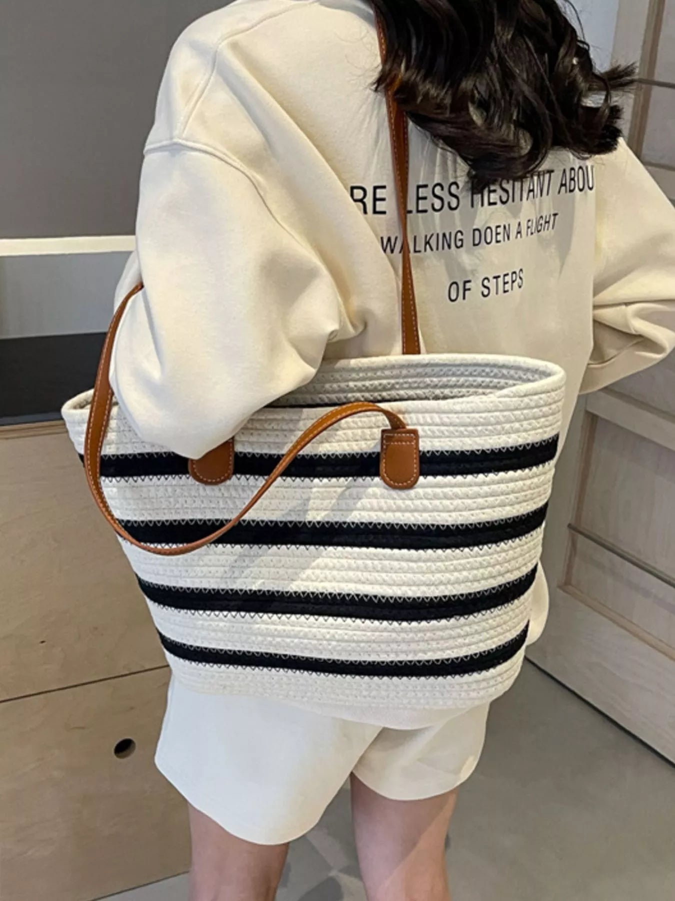 Striped Straw Tote Bag