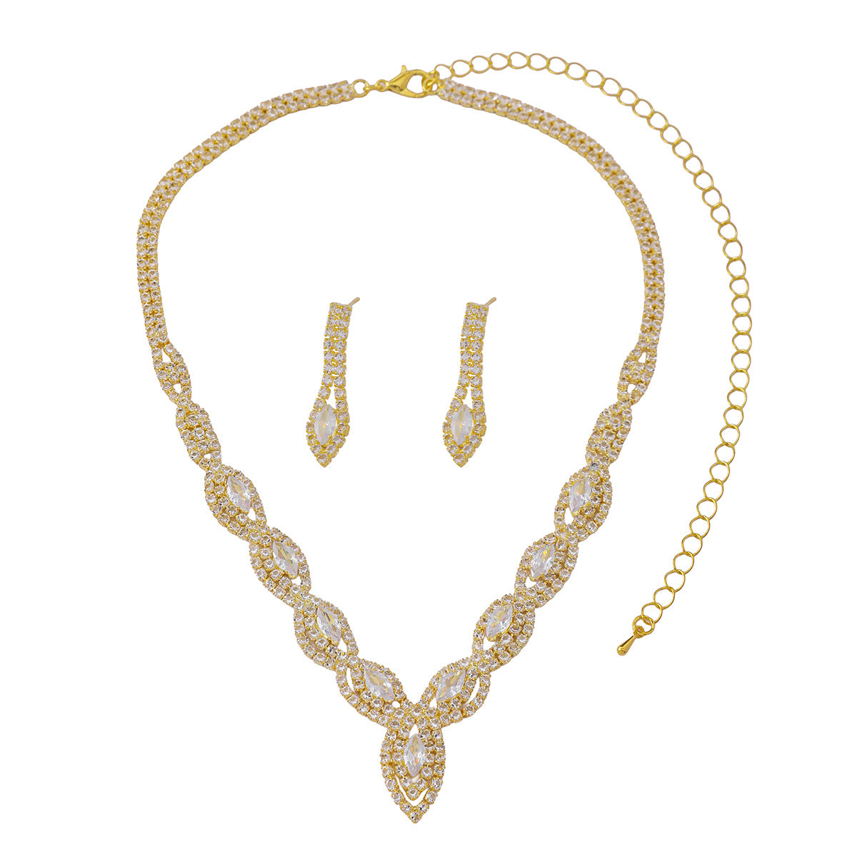 Women 2 Pcs Gold Tone Twisted Marquise Rhinestone Jewelry Set,Necklace And Dangle Earrings,Elegant Bridal Costume Accessories For Wedding Banquet Party Occasion