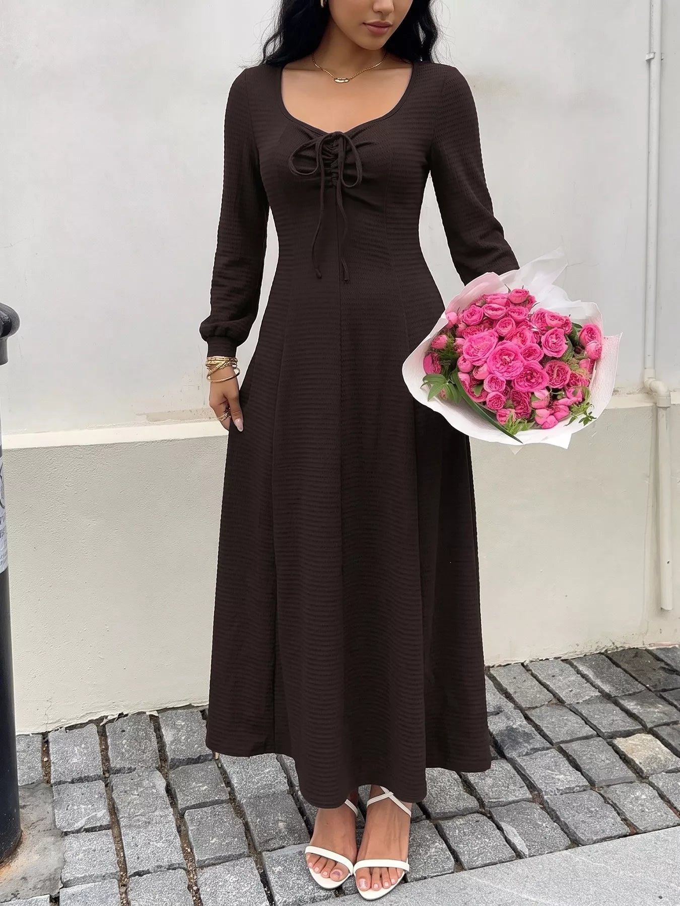 Long Sleeve Tie-Front Maxi Dress