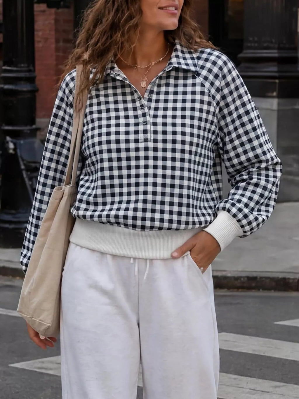 Gingham Plaid Collared Sweatshirt with Ribbed Hem