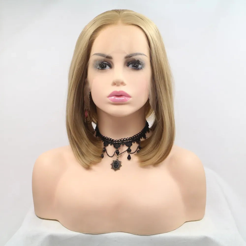 12-Inch Lace Front Synthetic Wig, Mid-Length Straight Blonde