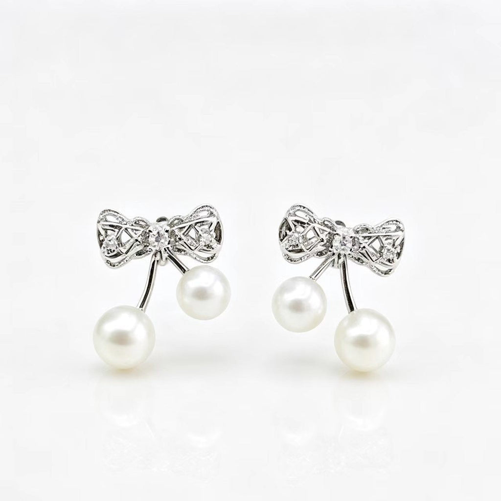Bow-knot Diamond-studded Pearl Womens Earrings