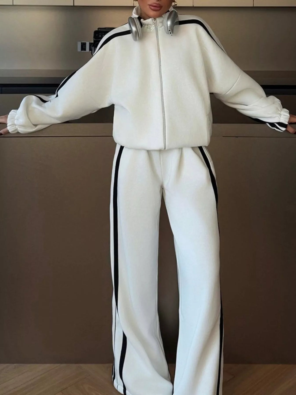 Side Stripes Zip Up Top and Pants Set