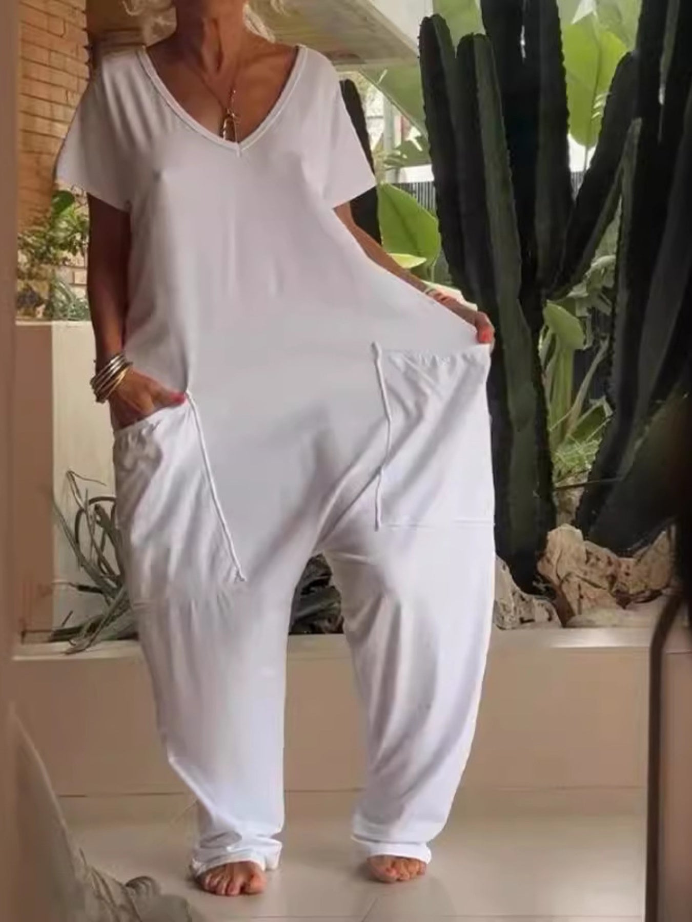 Full Size Loose Fit V-Neck Short Sleeve Wide Leg Jumpsuit Plus Size