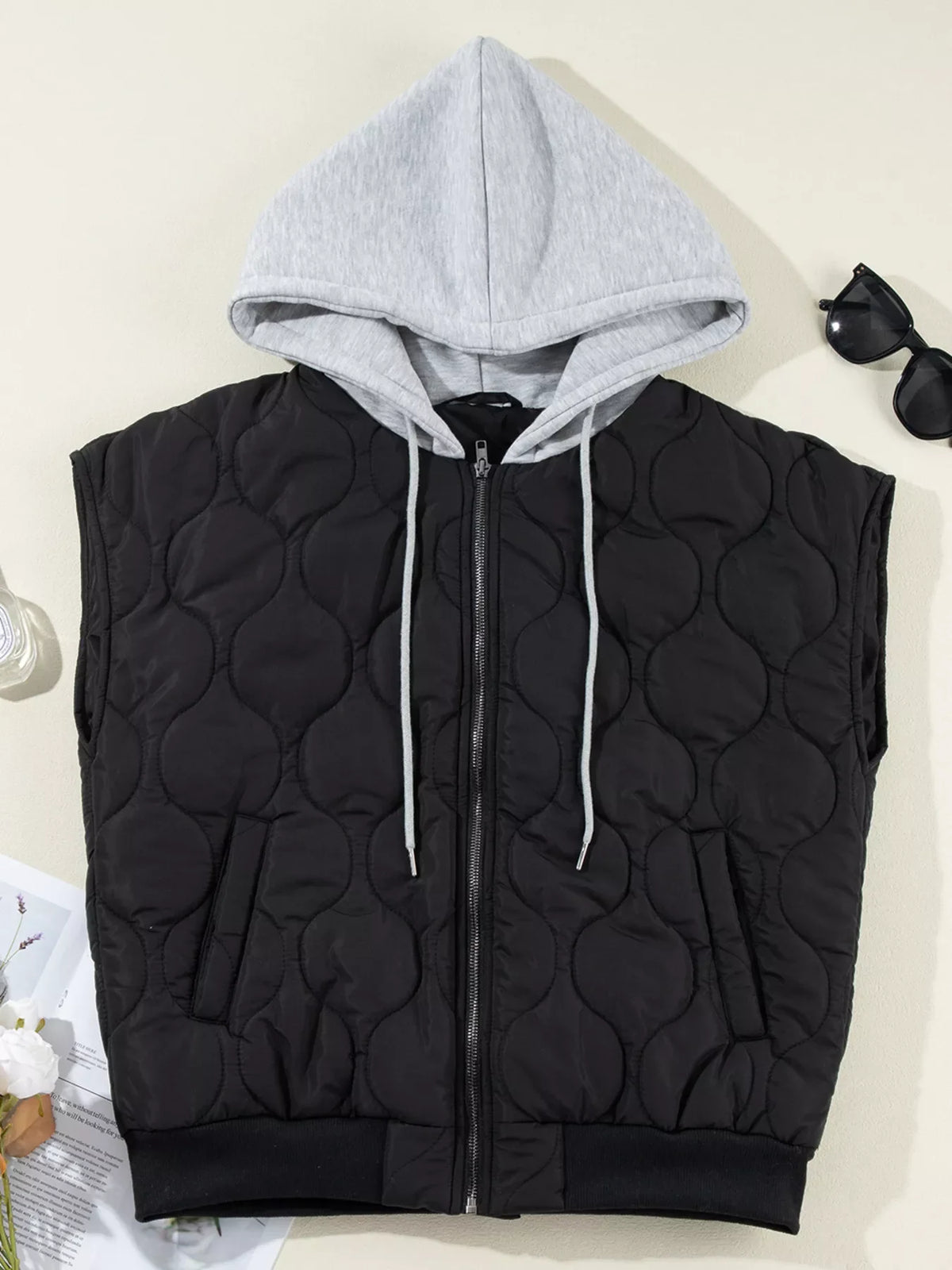 Quilted Drawstring Hooded Zip Up Puffer Vest