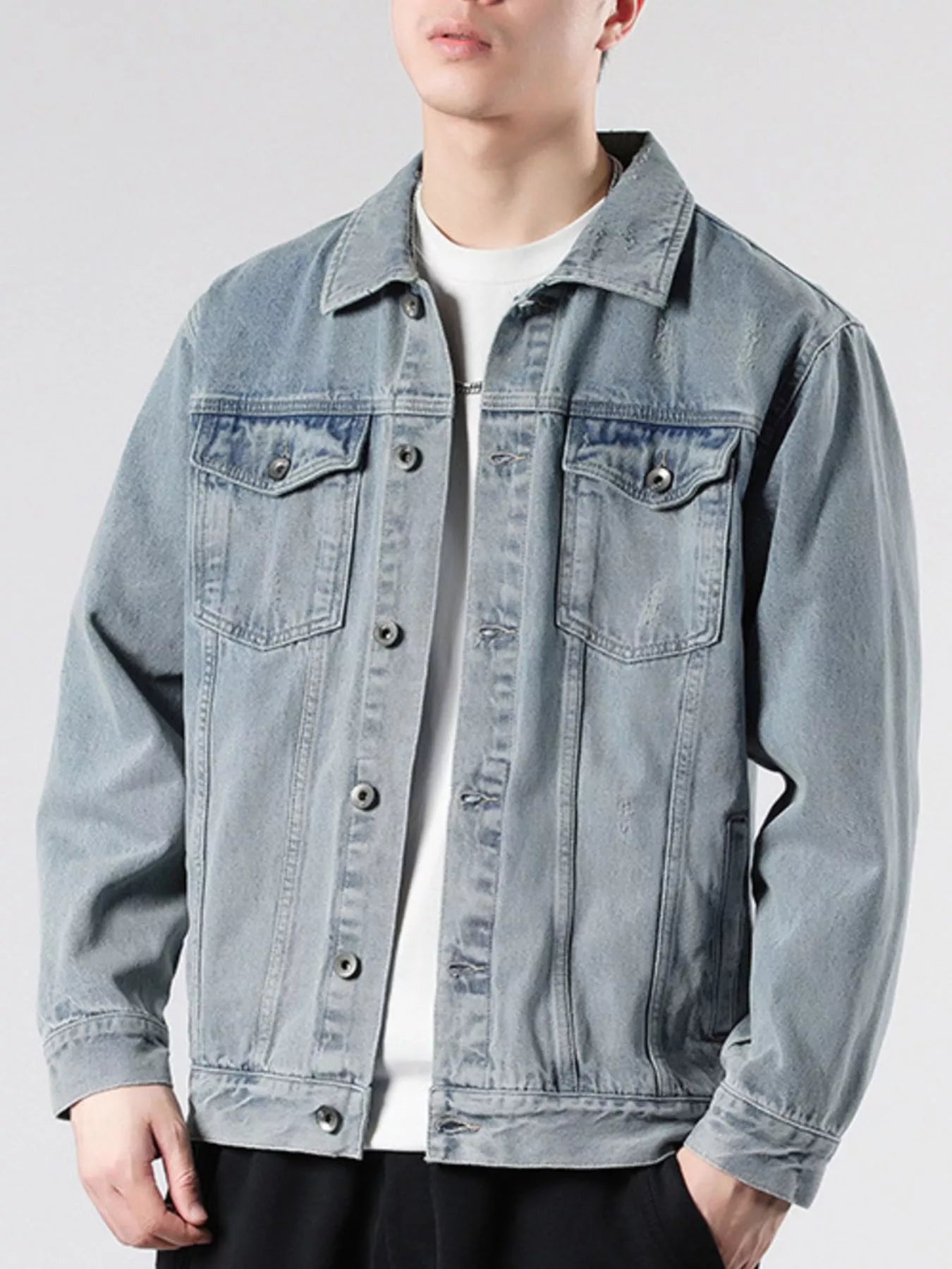 Men's Plus Size Vintage Wash Button Up Denim Jacket