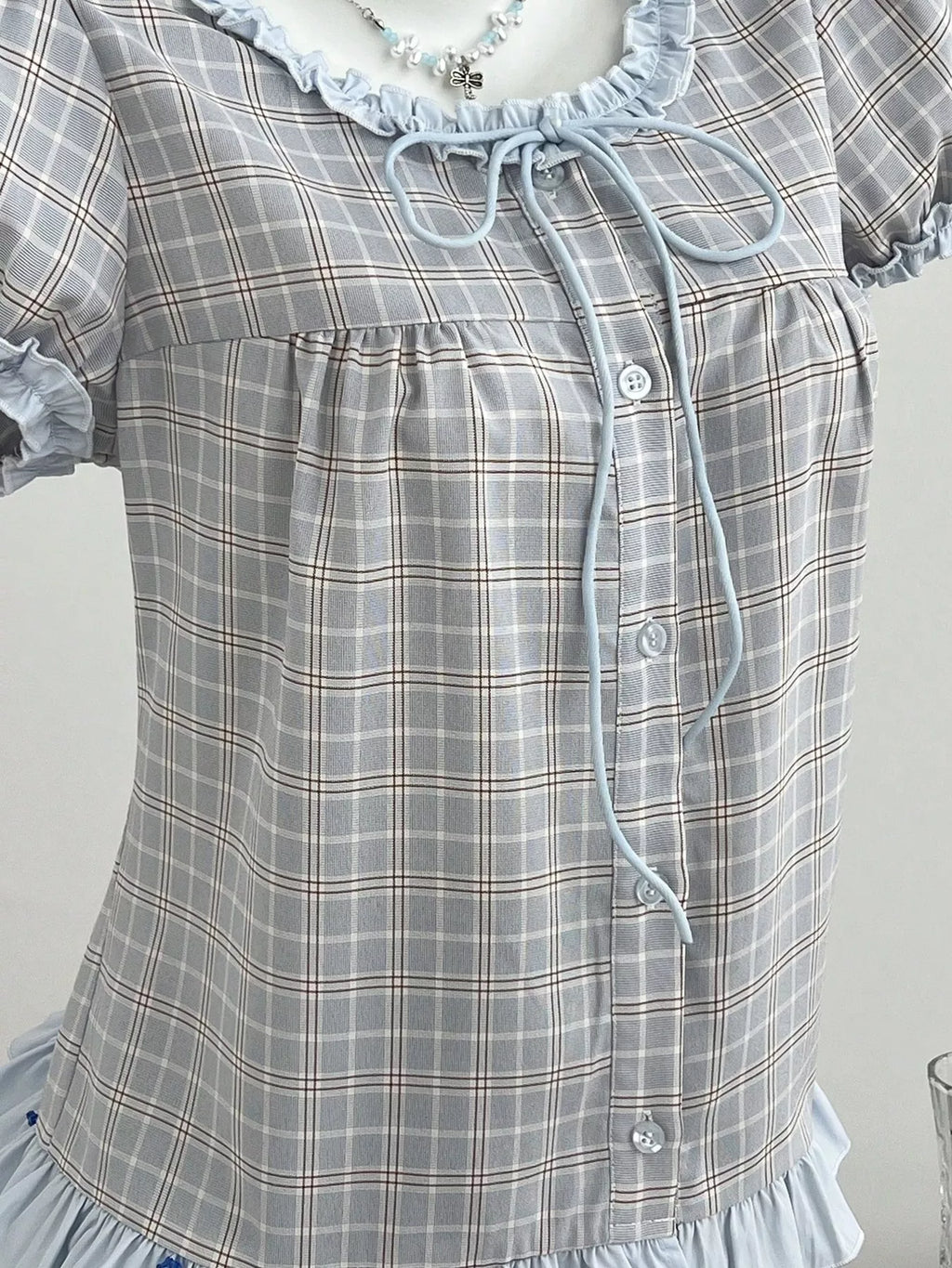 Plaid Ruffle Trim Puff Sleeve Blouse