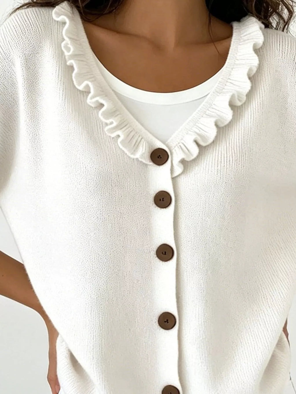 Ruffled Neckline Button-Up Cardigan