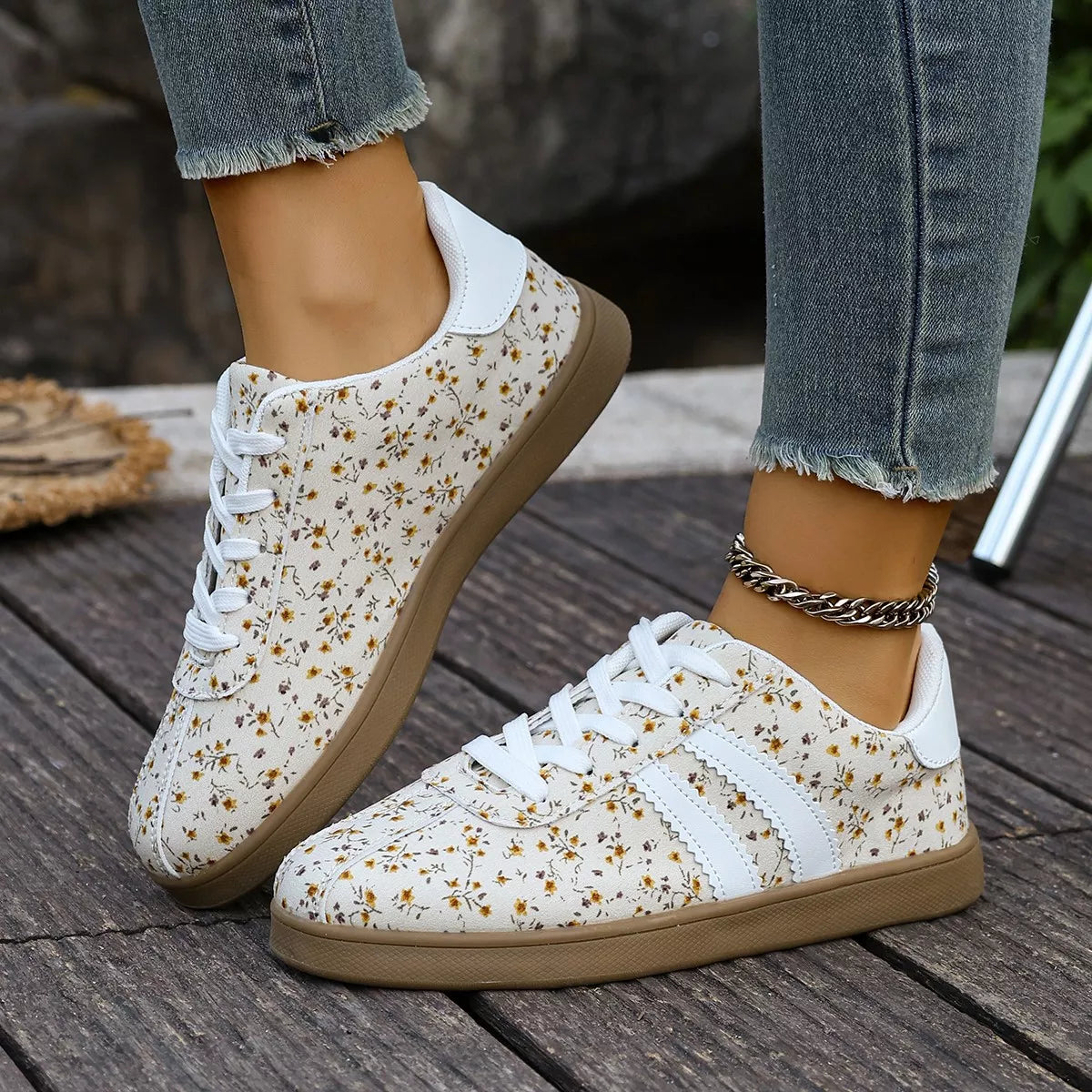 Floral Print Sneakers with Side Stripes