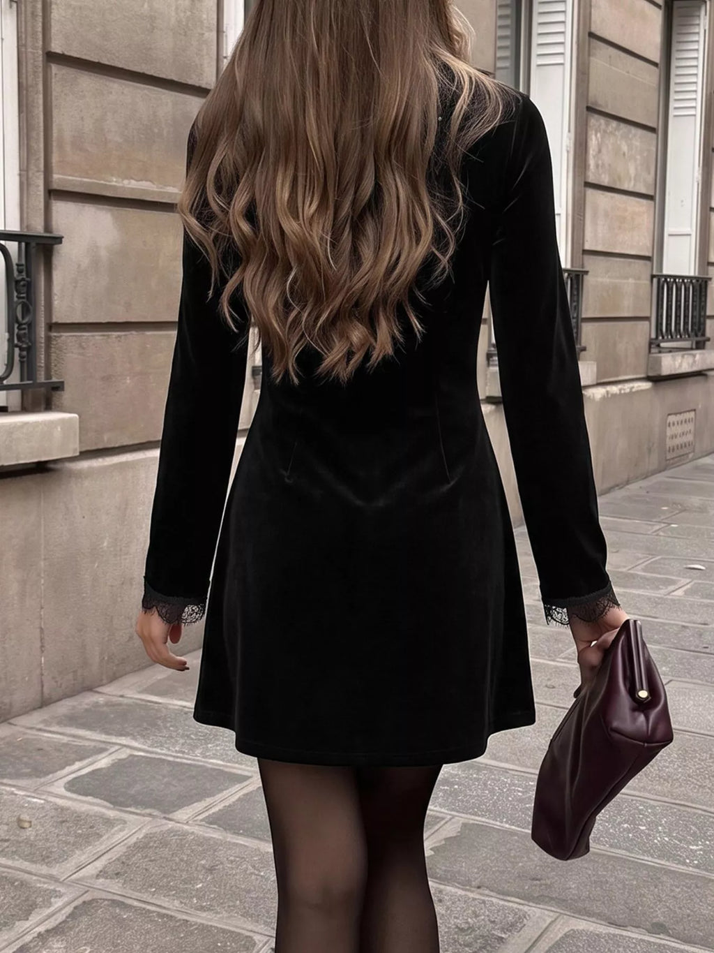 Velvet Lace Trim V-Neck Mini Dress