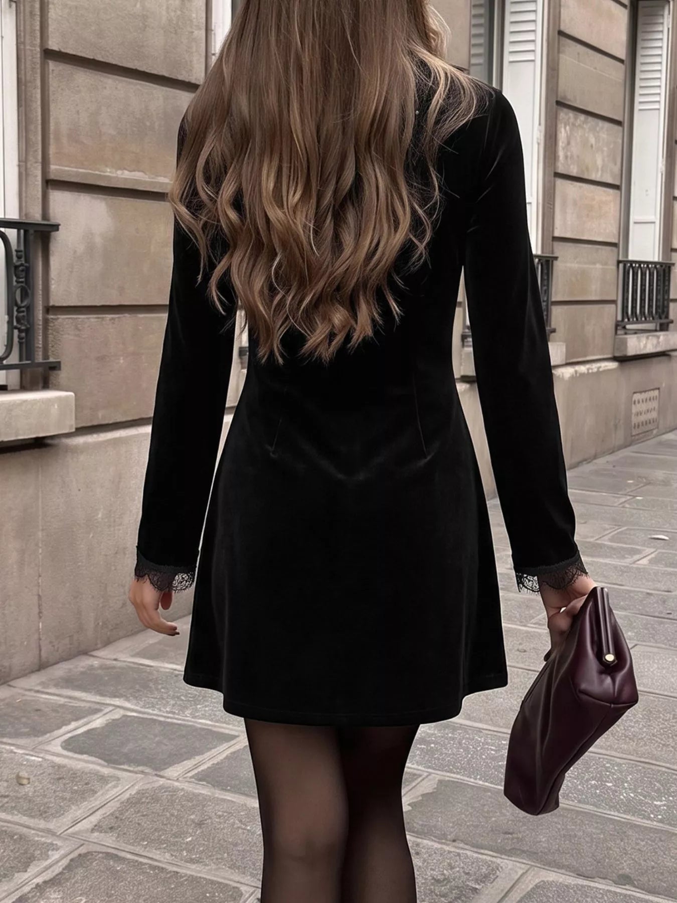 Velvet Lace Trim V-Neck Mini Dress