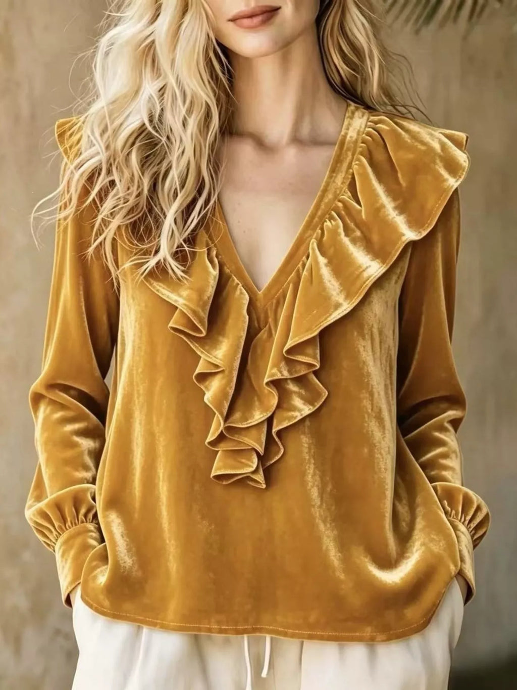 Full Size Velvet Ruffle V-Neck Blouse Plus Size