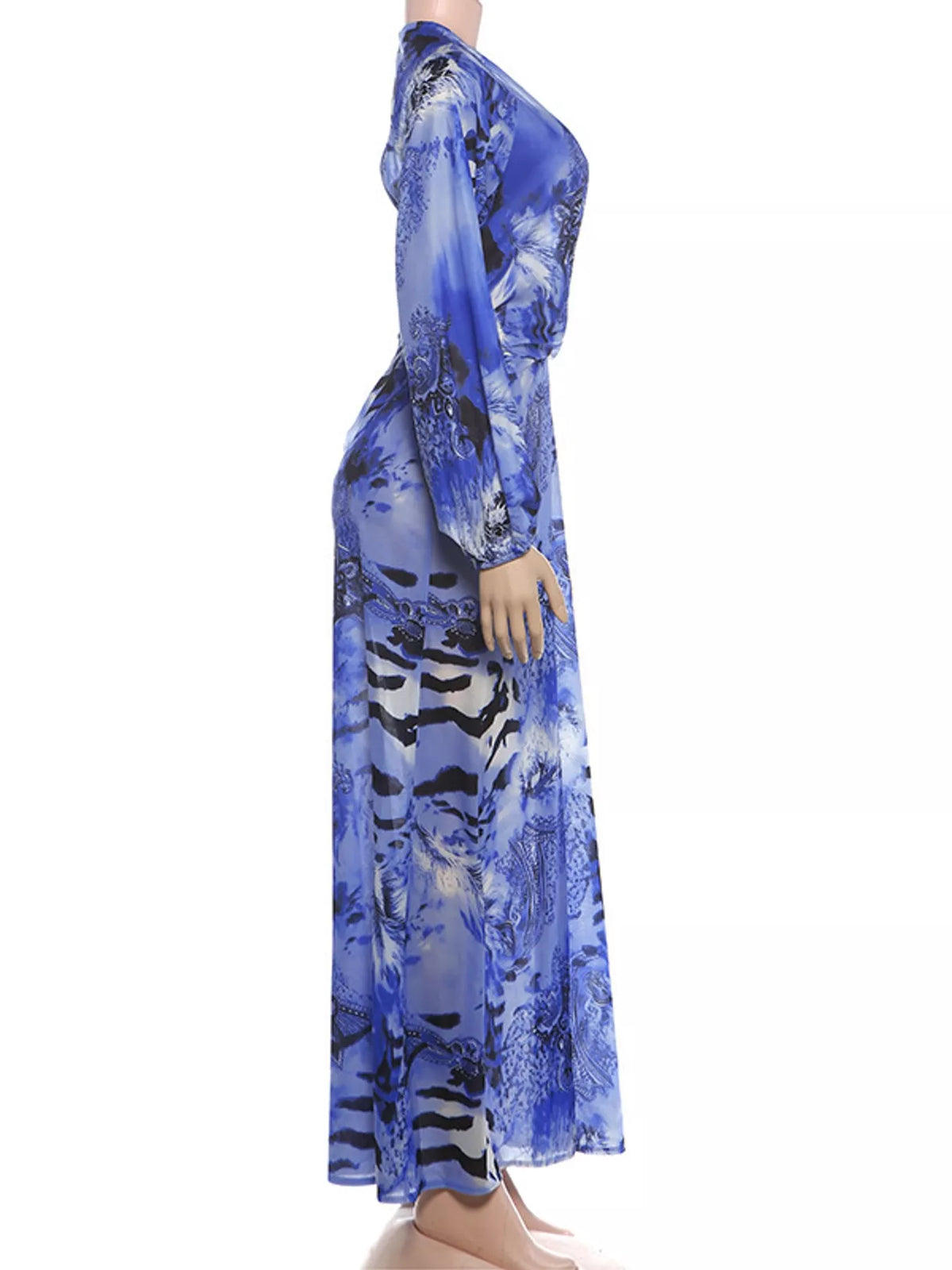 Deep V-Neck Long Sleeve Printed Maxi Dress