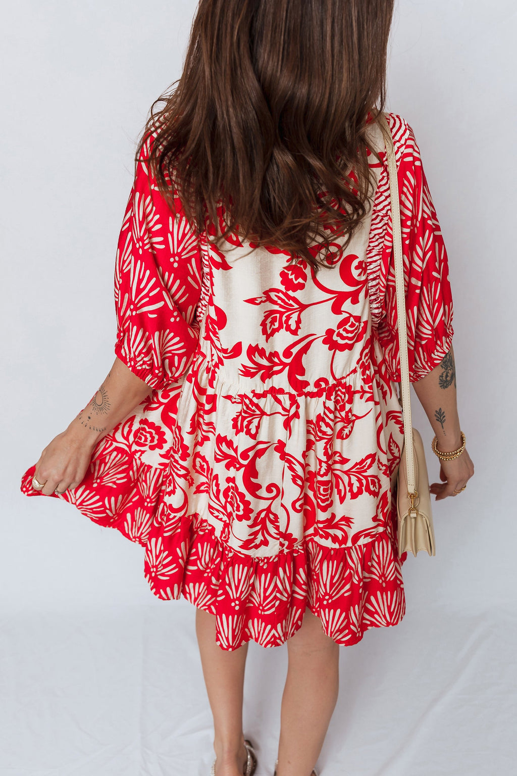 Red Collared V Neck Half Sleeve Loose Flower Mini Dress
