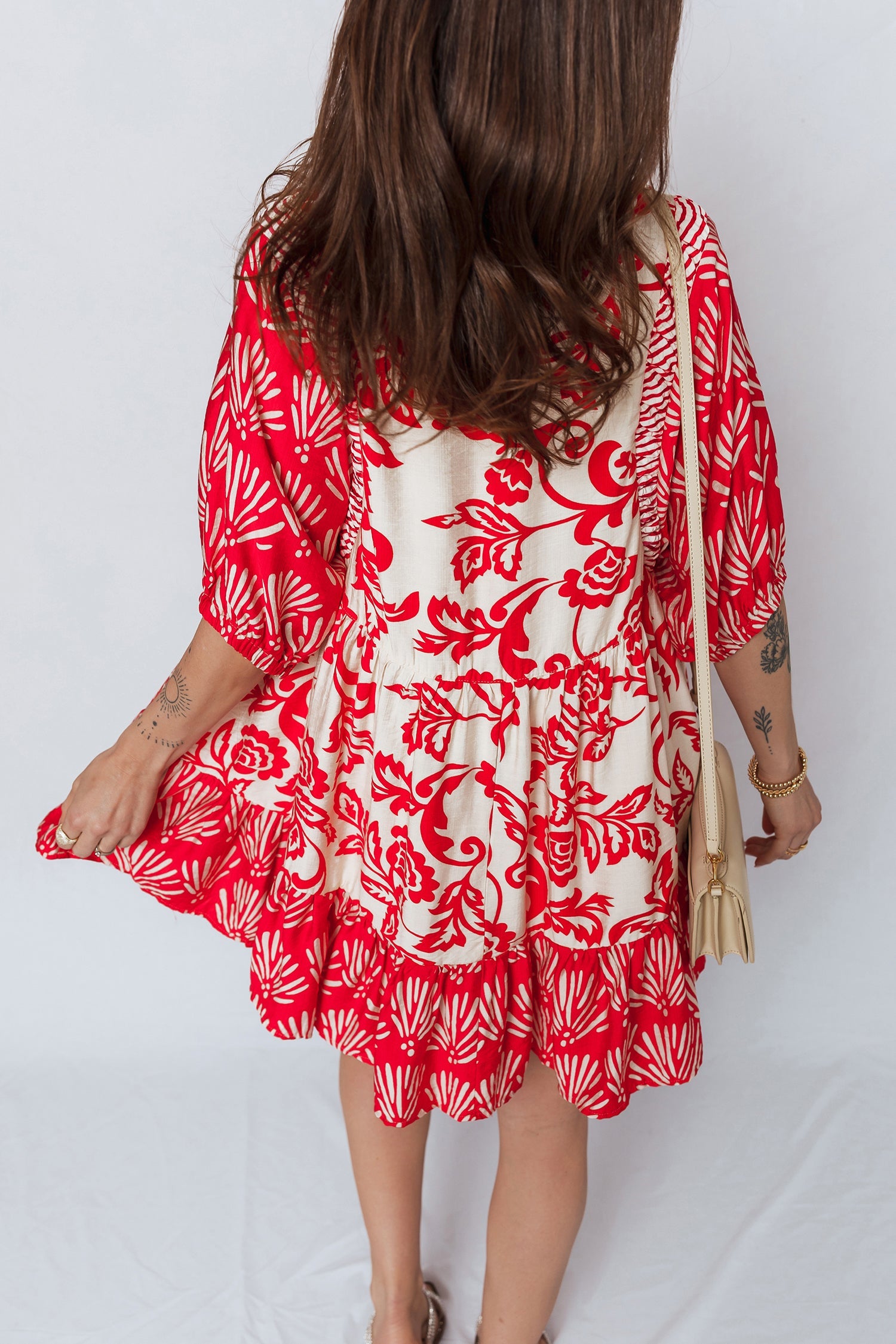 Red Collared V Neck Half Sleeve Loose Flower Mini Dress