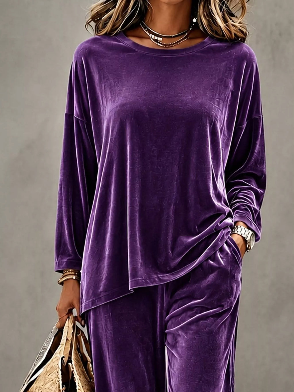 Full Size Velvet Long Sleeve Top and Pants Set Plus Size
