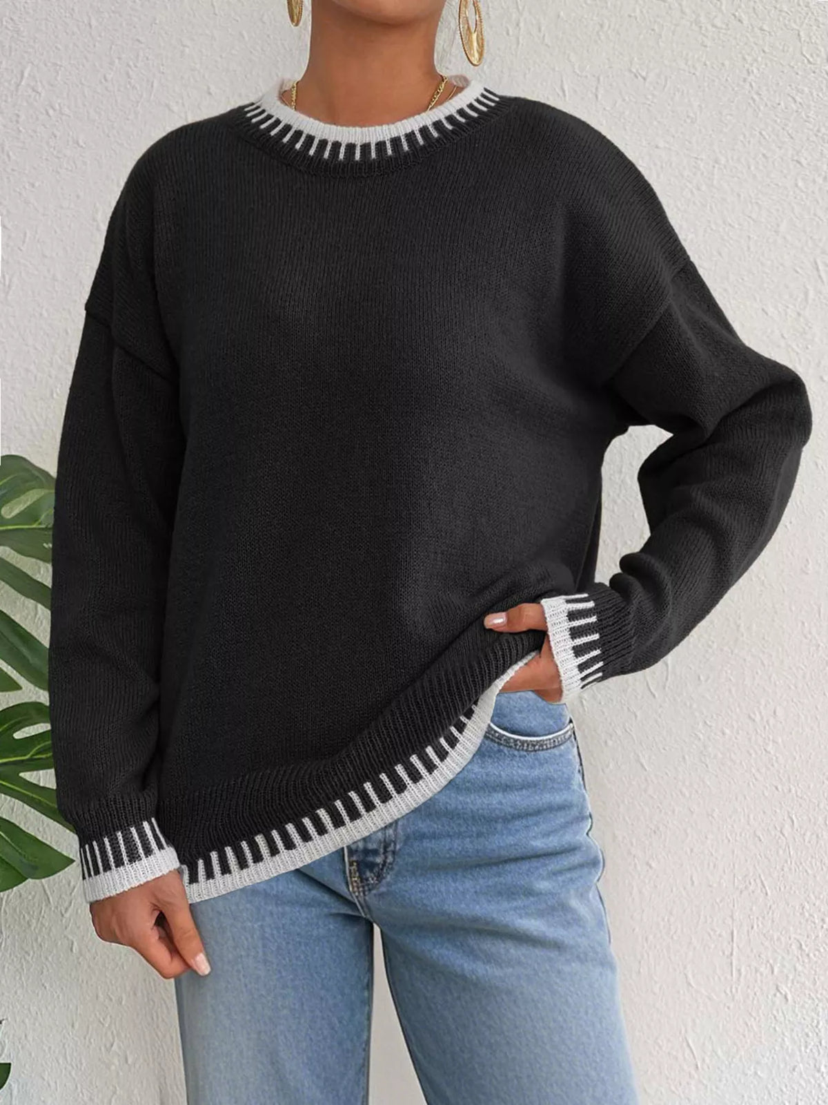 Contrast Trim Crew Neck Drop Shoulder Sweater