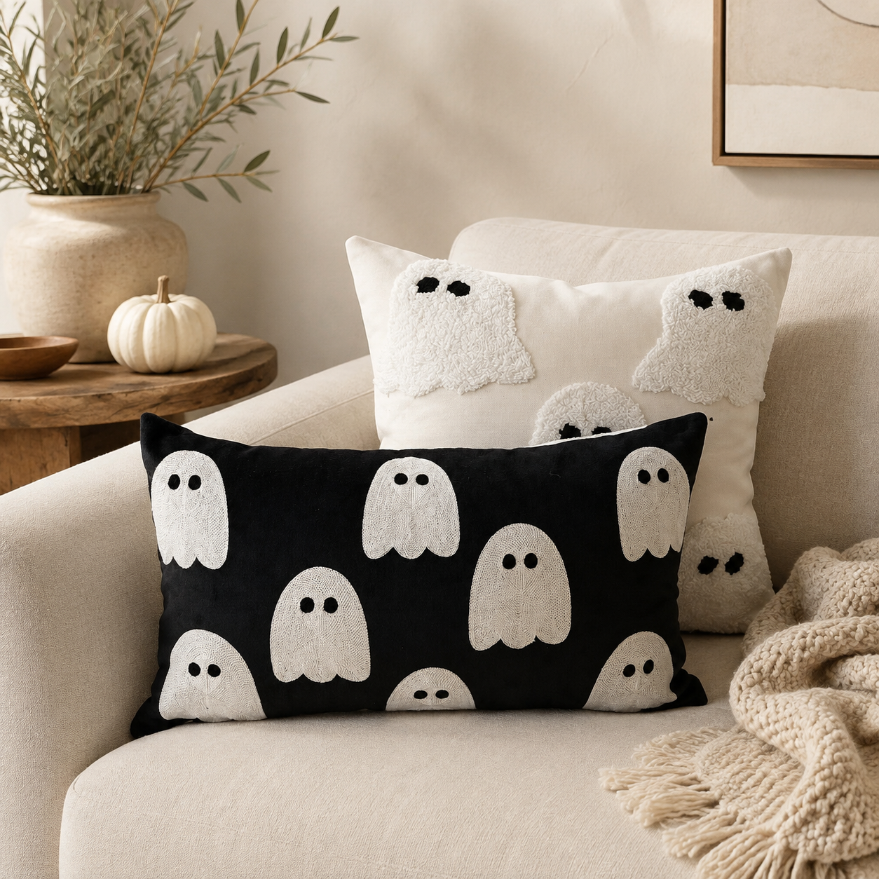 Ivory Tufted Ghost Pillow Cover