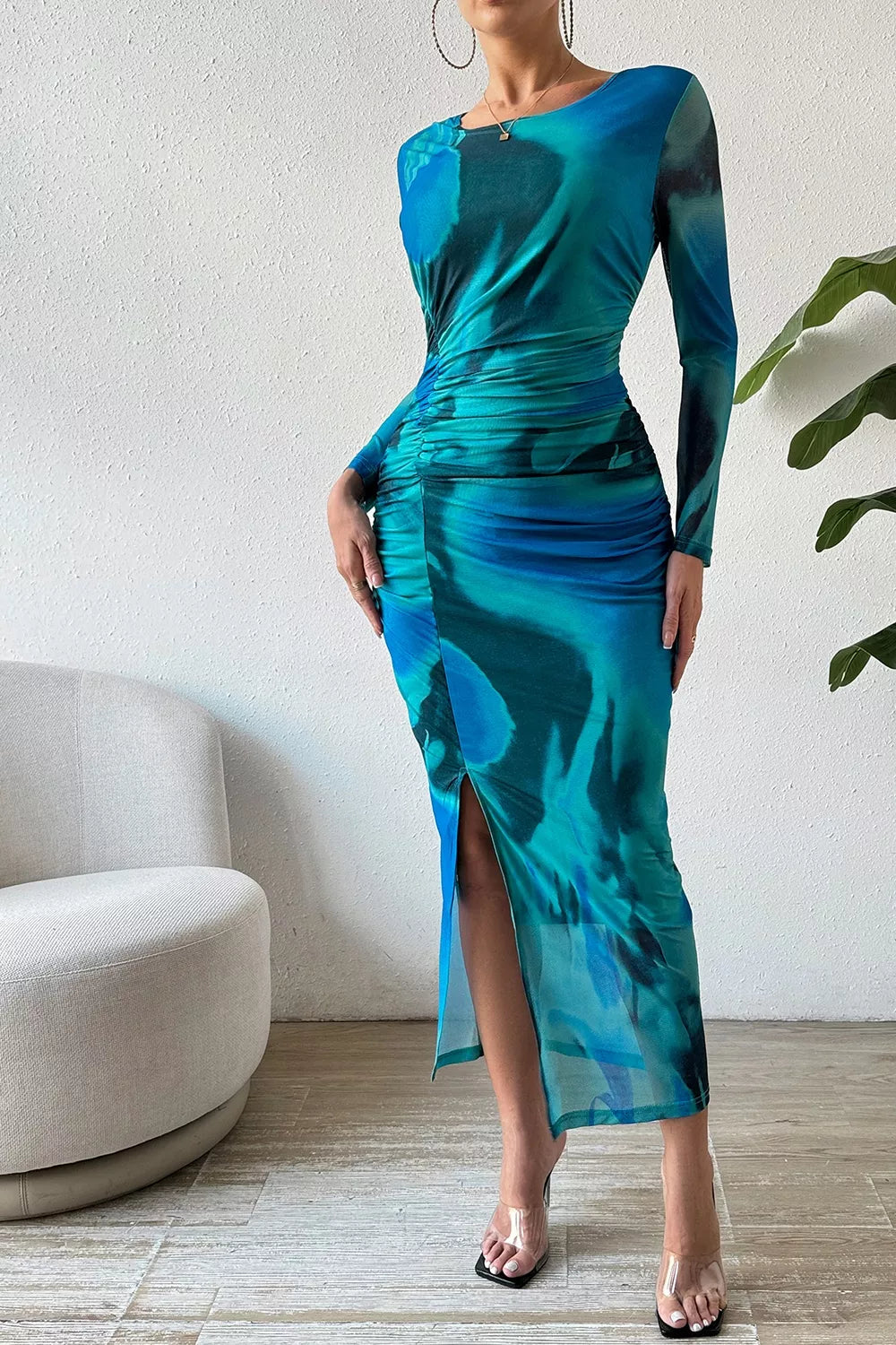 Ruched Tie-Dye Midi Dress with High Slit