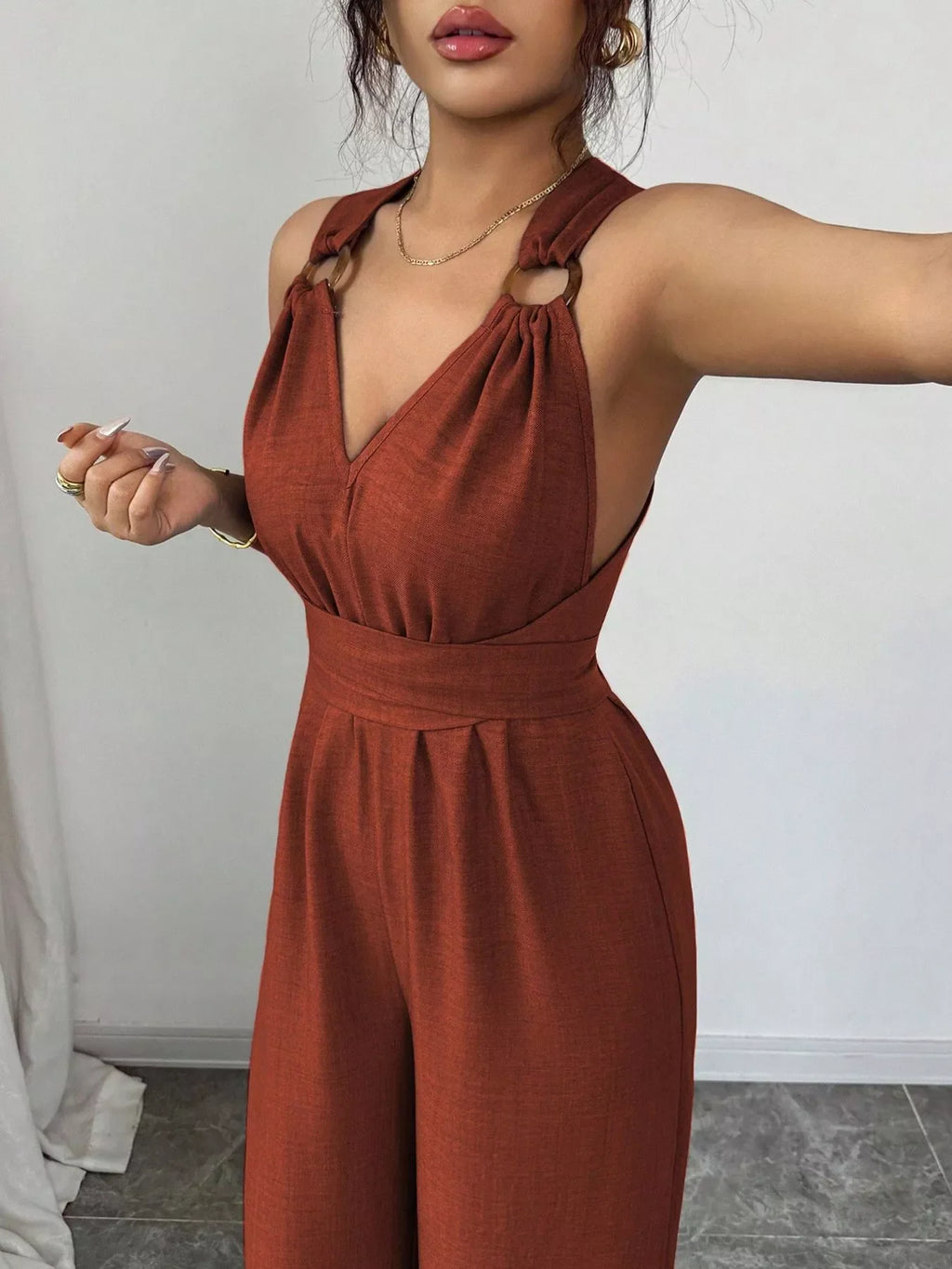 Sleeveless V-Neck Wide-Leg Jumpsuit with O-Ring Detail