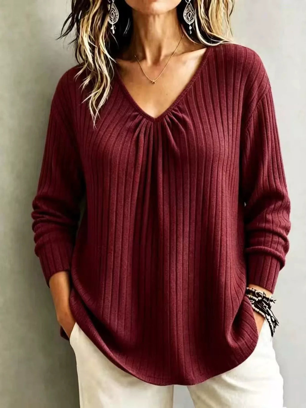 V-Neck Ribbed Long Sleeve T-Shirt