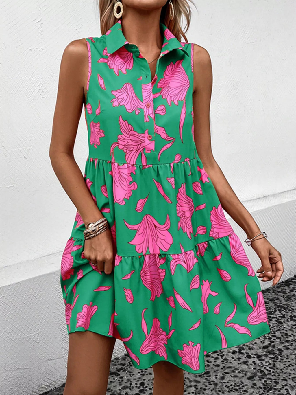 Sleeveless Floral Print Tiered Shirt Dress