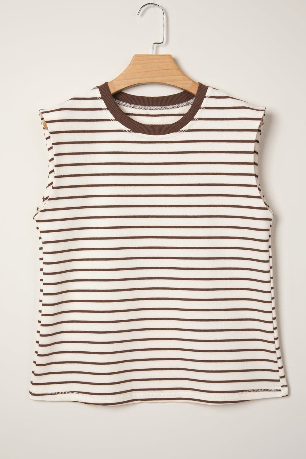 Brown Stripe Ribbed Round Neck Trim Loose Tank Top