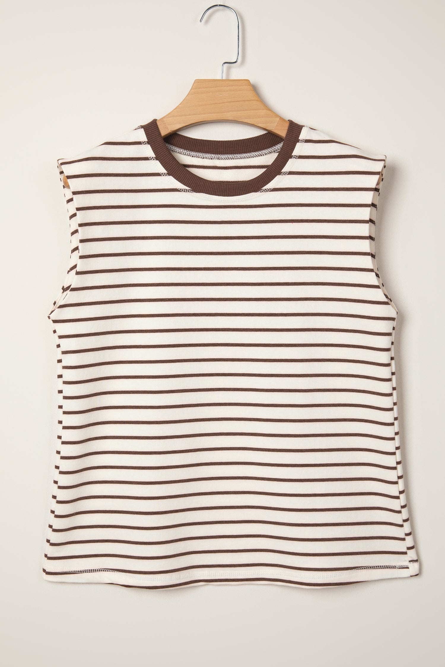 Brown Stripe Ribbed Round Neck Trim Loose Tank Top
