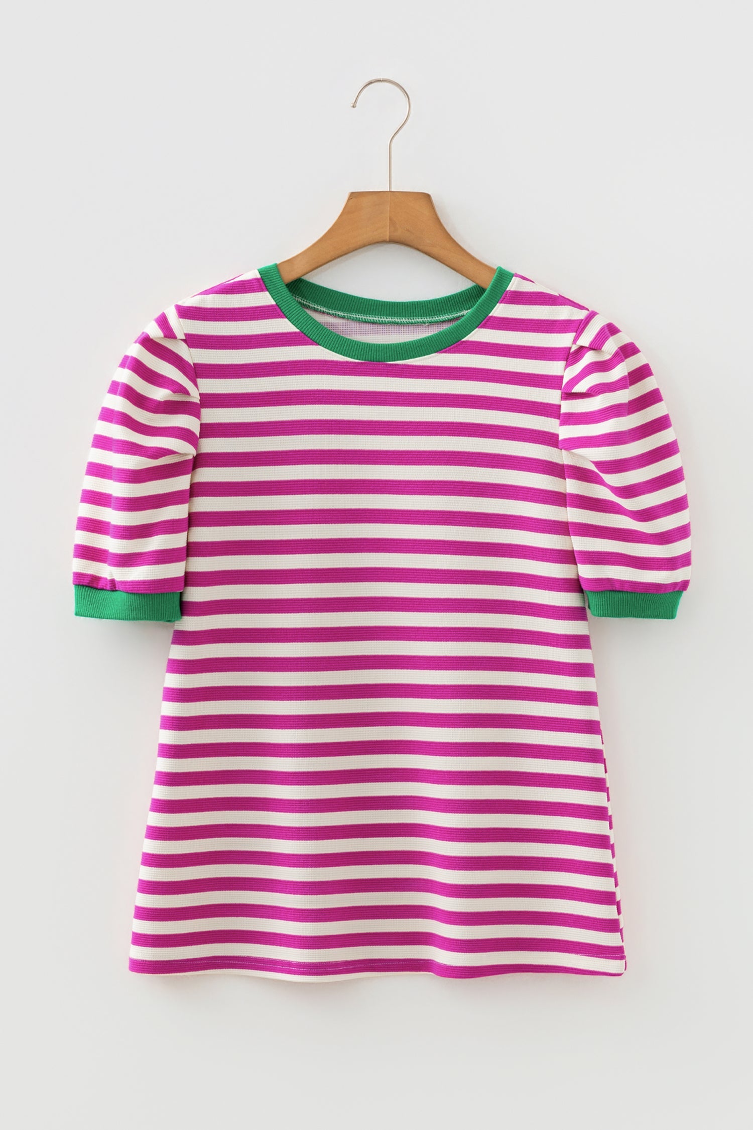 Rose Stripe Short Puff Sleeve Contrast Trim Round Neck Tee