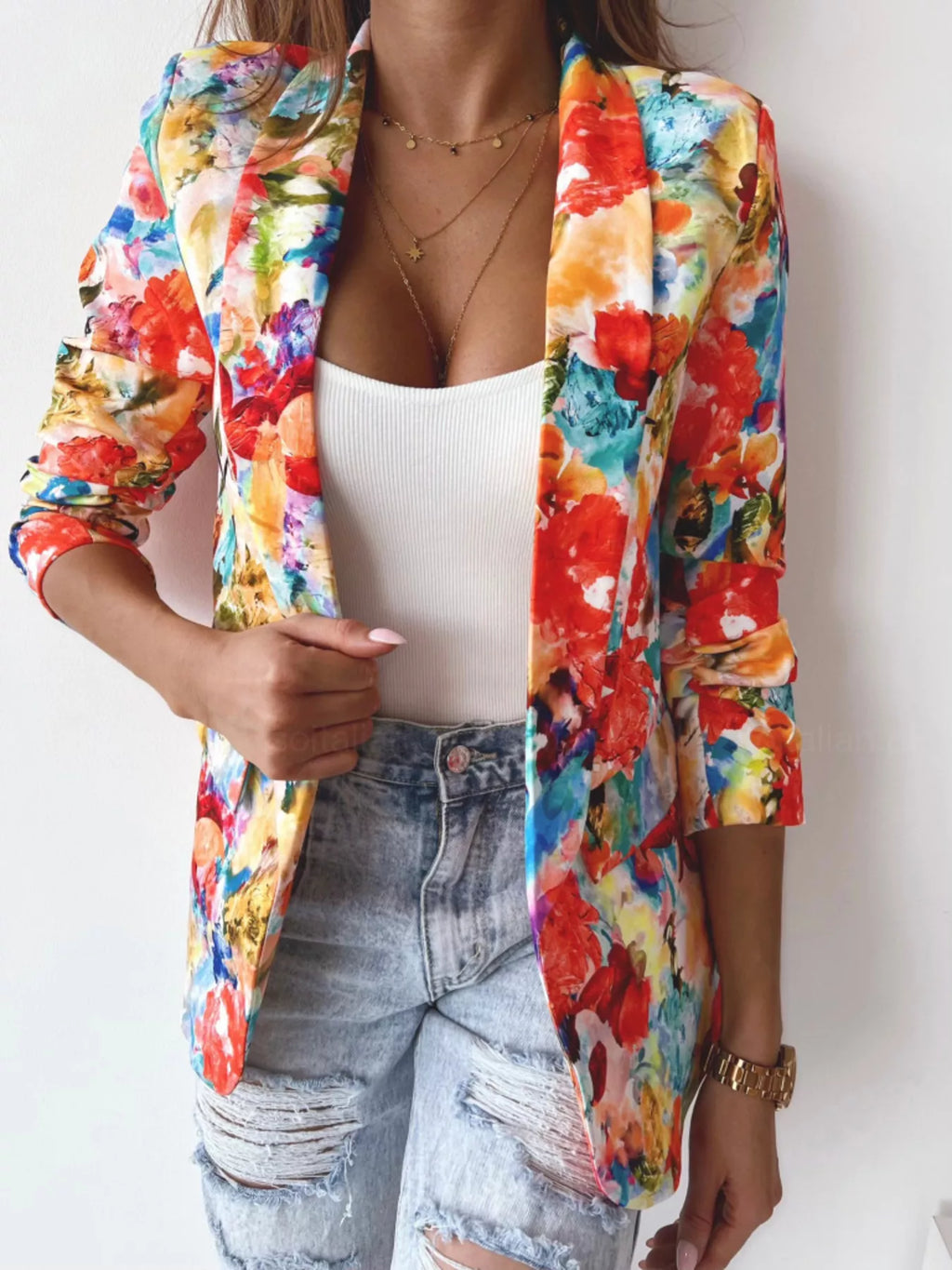 Vibrant Floral Print Open Front Blazer