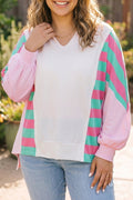 White Striped Colorblock V Neck Shift Long Sleeve Plus Size Blouse