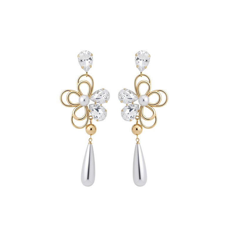 Women French Retro Exaggerated Cubic Zirconia Tassel Pearl Dangle Stud Earrings,Vintage Style Versatile Fashion Statement Jewelry For Party Occasion
